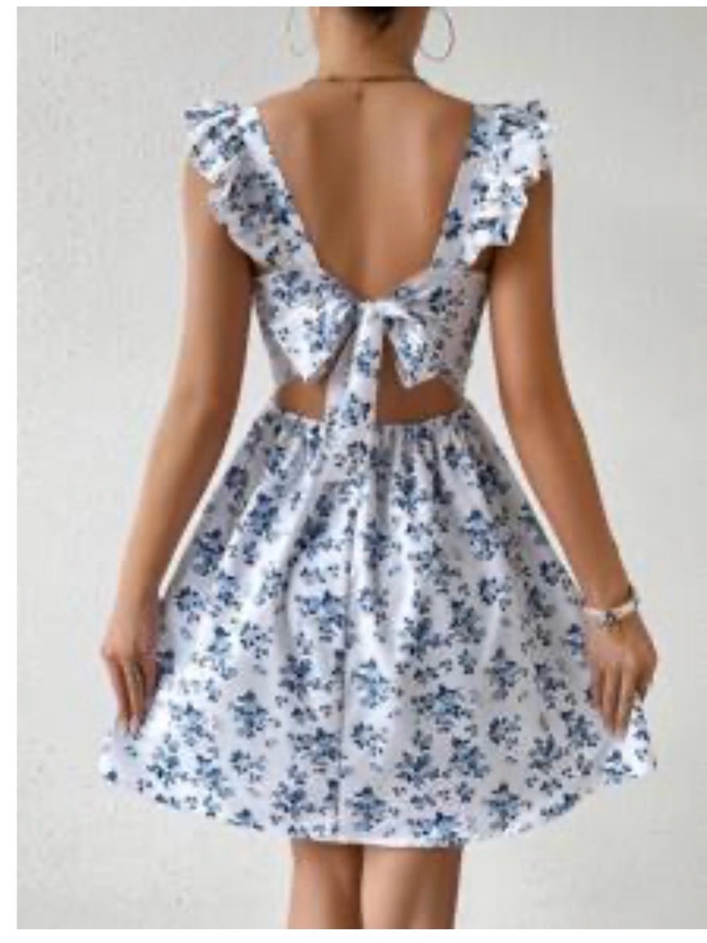 SHEIN White Blue Floral Ruffled Back-Tie Sundress